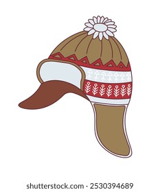 Vector illustration of an earflap hat with festive geometric and floral patterns, isolated on a white background. Perfect for winter-themed projects.