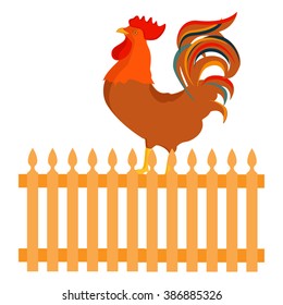 Vector illustration early bird concept. Rooster, cock on fence in a countryside