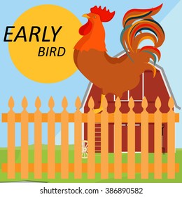 Vector illustration early bird concept. Rooster, cock on fence in a countryside