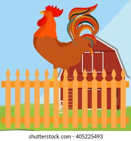 Vector illustration early bird concept. Rooster, cock on fence in a countryside