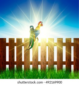 Vector illustration early bird concept. Rooster, cock on fence in a countryside
