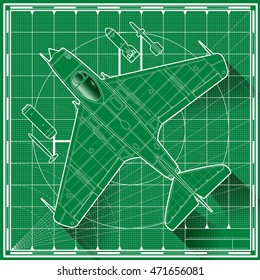 Vector illustration of an early cold war era single engine jet fighter blueprint. Top view.