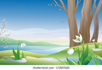 Vector illustration of an early spring morning with snowdrops