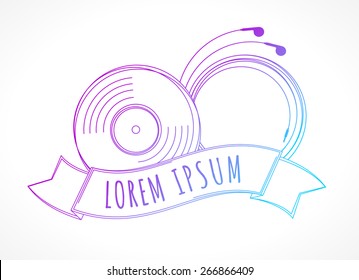 Vector illustration with earphones, vinyl record and ribbon. Linear label, sticker, badge or stamp in blue and purple colors