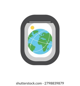 Vector illustration of earth from airplane window with sun, symbolizing travel and global exploration in a modern and stylized way.