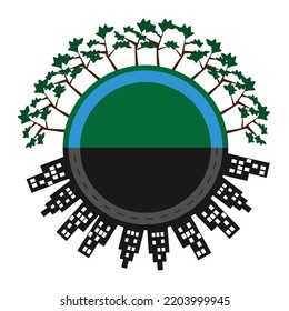 vector illustration of earth with bright nature and silhouettes of buildings