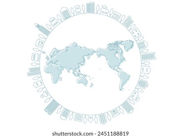 Vector illustration of earth and buildings. Line drawing world map and circular cityscape frame. White background.