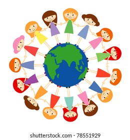 Vector illustration of Earth and cartoon girls