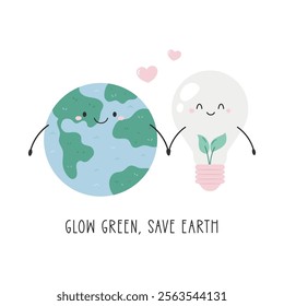 Vector illustration of Earth character with lightbulb character promoting green energy. Cute design design for promotion of renewable and green energy