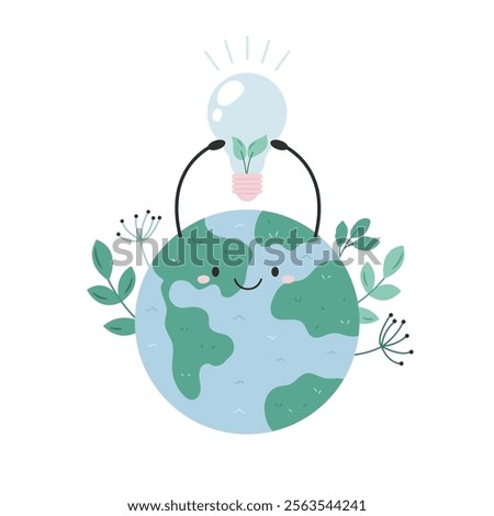 Vector illustration of Earth character with lightbulb promoting green energy. Cute design design for promotion of renewable and green energy