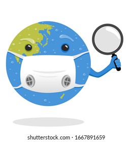 Vector illustration of earth character with magnifying glass