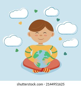 Vector illustration of Earth in child's hands. Earth Day.