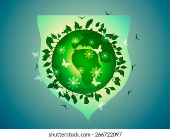 Vector illustration. Earth Day and Ecology. Green Planet, under shield.