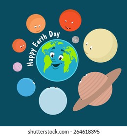 Vector illustration. Earth Day. Funny cartoon Earth and her friends in space.