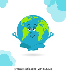 Vector illustration. Earth Day. Funny the planet Earth meditating yoga in lotus position on isolated white background.