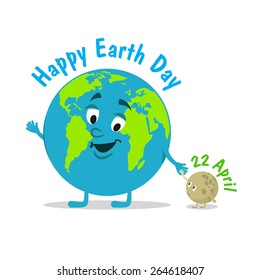 Vector illustration. Earth Day. Funny cartoon the planet Earth and its moon Luna on an isolated white background. Ecology.