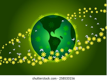 Vector illustration. Earth Day. Green Planet and yellow flowers.