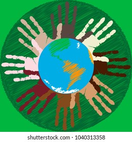 Vector illustration for Earth Day.
The palms of all nationalities people hold the Earth.
