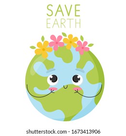 Vector Illustration For Earth Day. Planet Earth With A Wreath Of Flowers. Cute Flat Design