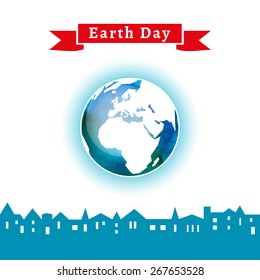 Vector illustration. Earth Day poster. Concept for celebrating of Earth Day. Houses silhouettes, town. Vector background with the globe with watercolor texture and atmosphere.