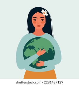 Vector illustration for Earth Day. Save the Planet. Woman holds a planet
