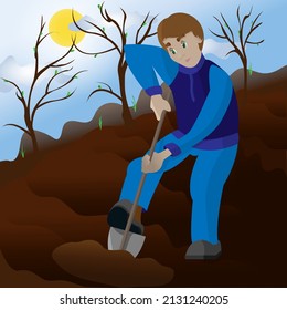 Vector illustration of an earth digging person in spring