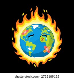 Vector illustration of the Earth engulfed in flames, symbolizing global warming and climate change. Ideal for environmental awareness campaigns and sustainability initiatives.