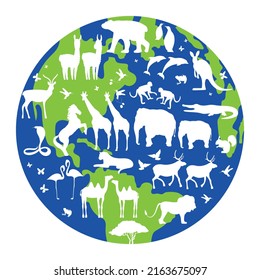 vector illustration of earth globe and animals sillhouettes