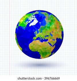 Vector illustration of earth globe. April 22 Earth Day. Polygonal mosaic. Triangular low poly style. 