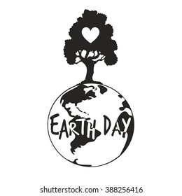 Vector illustration. Earth globe, black tree, little heart inside and white background. Earth day poster. Ecology concept.