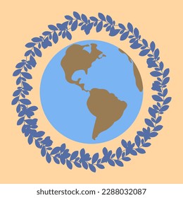 Vector illustration of Earth globe with blue leaves, recycle leaves. Concept of World Environment Day, save the Earth, Earth day