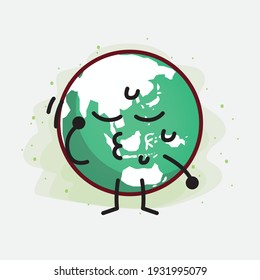 Vector Illustration of Earth Globe Character with cute face, simple hands and leg line art on Isolated Background. Flat cartoon doodle style.