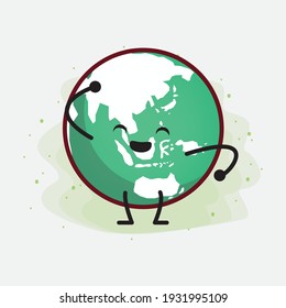 Vector Illustration of Earth Globe Character with cute face, simple hands and leg line art on Isolated Background. Flat cartoon doodle style.