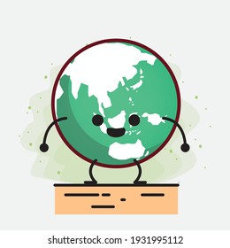 Vector Illustration of Earth Globe Character with cute face, simple hands and leg line art on Isolated Background. Flat cartoon doodle style.