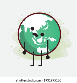 Vector Illustration of Earth Globe Character with cute face, simple hands and leg line art on Isolated Background. Flat cartoon doodle style.