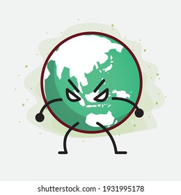 Vector Illustration of Earth Globe Character with cute face, simple hands and leg line art on Isolated Background. Flat cartoon doodle style.