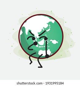 Vector Illustration of Earth Globe Character with cute face, simple hands and leg line art on Isolated Background. Flat cartoon doodle style.