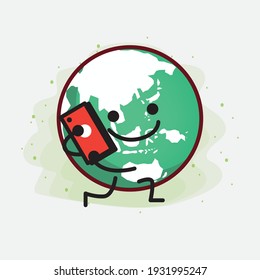 Vektorgrafik des Globe-Charakters der Erde mit süßem Gesicht, einfachen Händen und Beinlinien-Kunst auf isoliertem Hintergrund. Flacher Cartoon-Doodle-Stil.