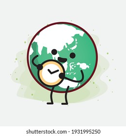 Vector Illustration of Earth Globe Character with cute face, simple hands and leg line art on Isolated Background. Flat cartoon doodle style.