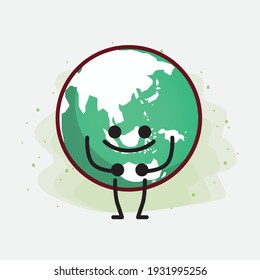 Vector Illustration of Earth Globe Character with cute face, simple hands and leg line art on Isolated Background. Flat cartoon doodle style.