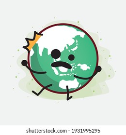 Vector Illustration of Earth Globe Character with cute face, simple hands and leg line art on Isolated Background. Flat cartoon doodle style.