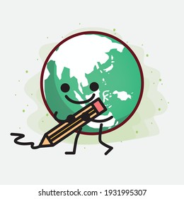 Vektorgrafik des Globe-Charakters der Erde mit süßem Gesicht, einfachen Händen und Beinlinien-Kunst auf isoliertem Hintergrund. Flacher Cartoon-Doodle-Stil.