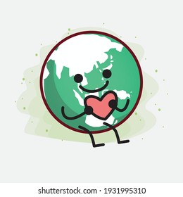 Vector Illustration of Earth Globe Character with cute face, simple hands and leg line art on Isolated Background. Flat cartoon doodle style.