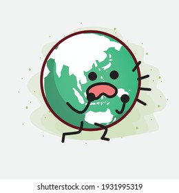 Vector Illustration of Earth Globe Character with cute face, simple hands and leg line art on Isolated Background. Flat cartoon doodle style.
