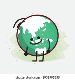 Vector Illustration of Earth Globe Character with cute face, simple hands and leg line art on Isolated Background. Flat cartoon doodle style.