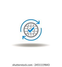 Ilustración vectorial de globo terrestre con marca de verificación y flechas redondas. Icono de reducción de emisiones de CO2. Símbolo de seguridad ambiental. Signo de ecología, ESG.