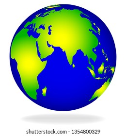 Vector illustration. Earth globe, colored world map, with shadow and gradient isolated on white background. Flat icon.
