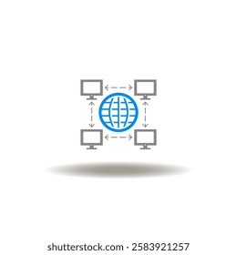 Vector illustration of earth globe with computer network. Symbol of domain name registration. Icon of web networking communication. Pictogram of internet servers.