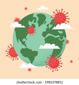 Vector illustration of Earth globe and Coronavirus spreading isolated on white background. Concept of vaccination, Immunization Campaign, fight against Covid-19 (2019-nCoV)