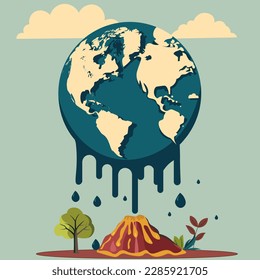Vector Illustration of Earth Globe Dripping Over Volcano And Nature Background.